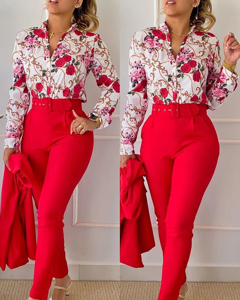 Casualowa koszula z długim rękawem Spodnie Zestaw biurowy Lady Fashion Eleganckie spodnie z kwiatowym nadrukiem V Neck Dwuczęściowy zestaw damski Strój 2023
