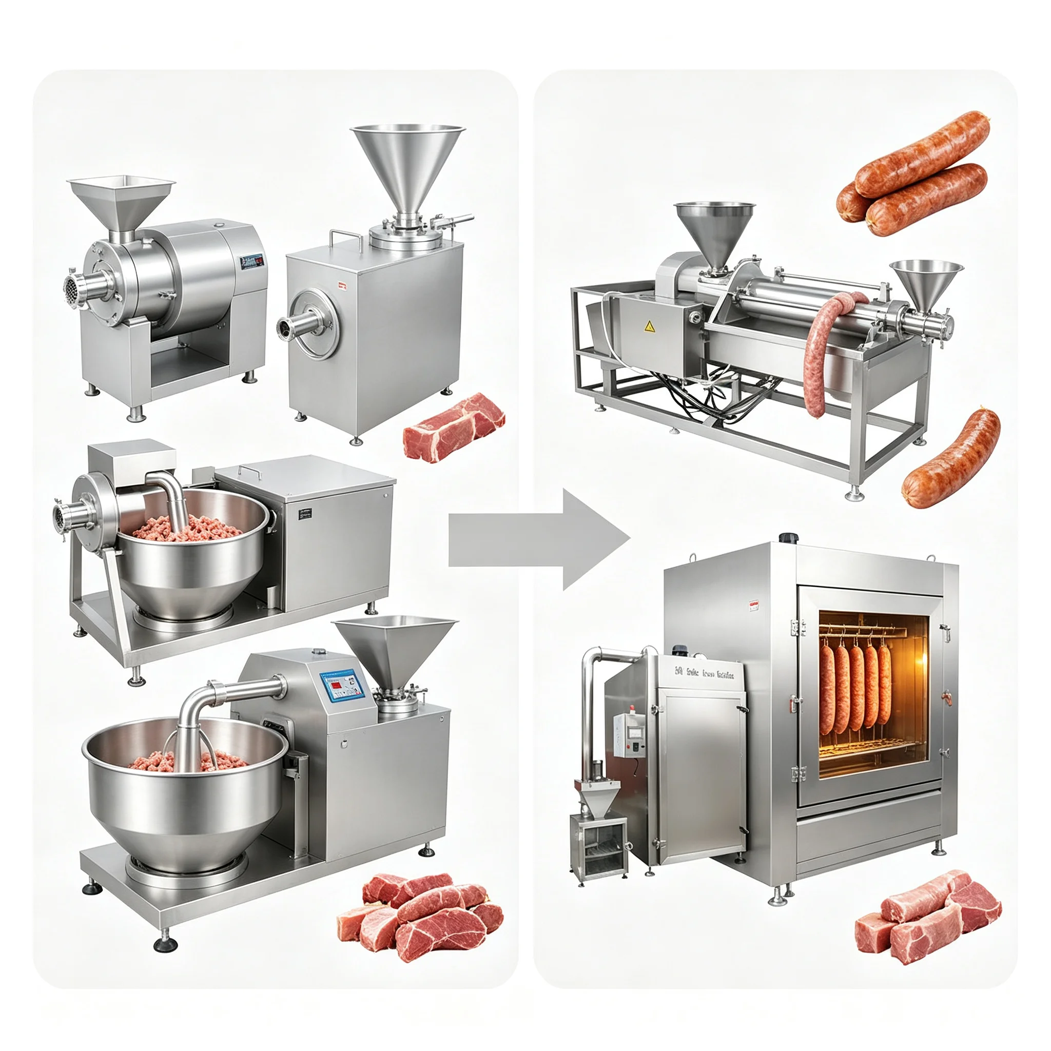 Combined Sausage Processing Machinery Set Including Mincer Bowl Cutter Stuffer Linker Smoker For Sausage Plant