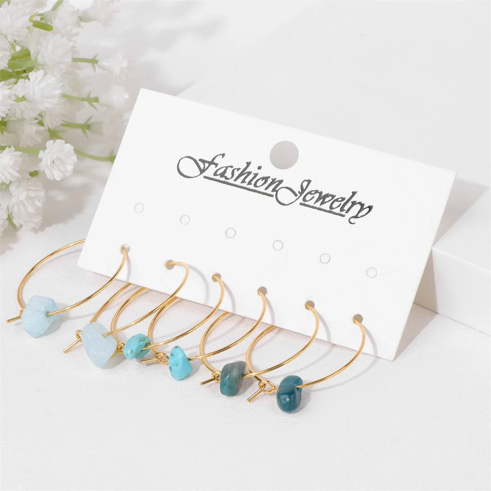 Irregular Amazonites Apatites Chip Stone Pendant Earrings Natural Stone Charm Hoop Earrings Women Gold Color Eardrop 3 Pairs/Set