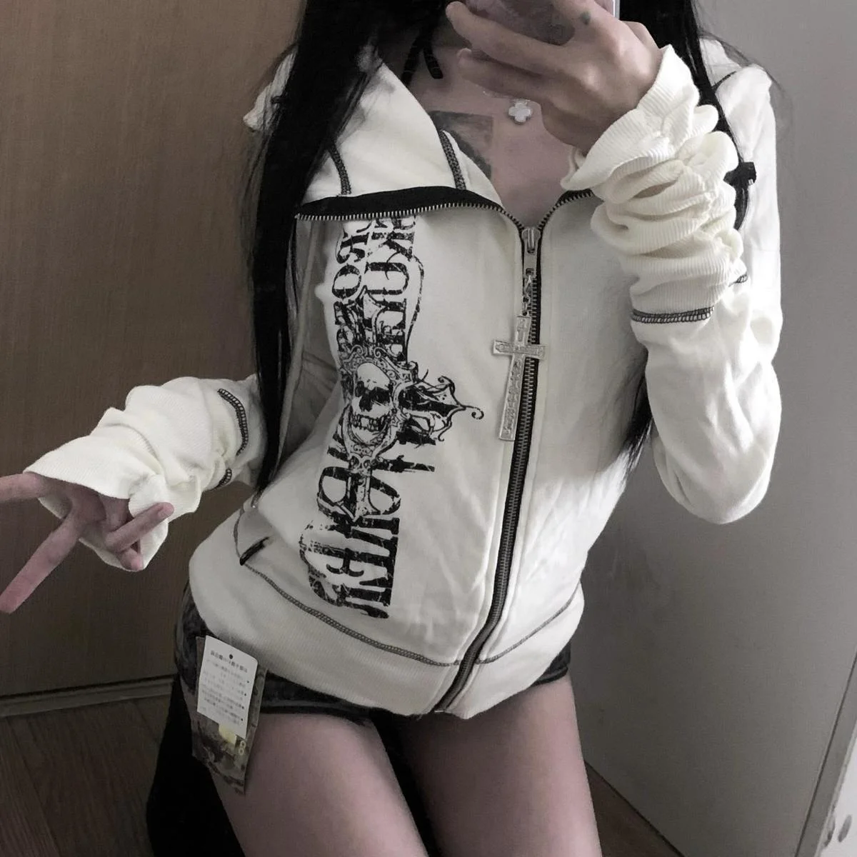 Cross Skull Hoodie Women's Slim Fit Casual Underculture Jaet Y2K Sle Trendy Top for Autumn Season