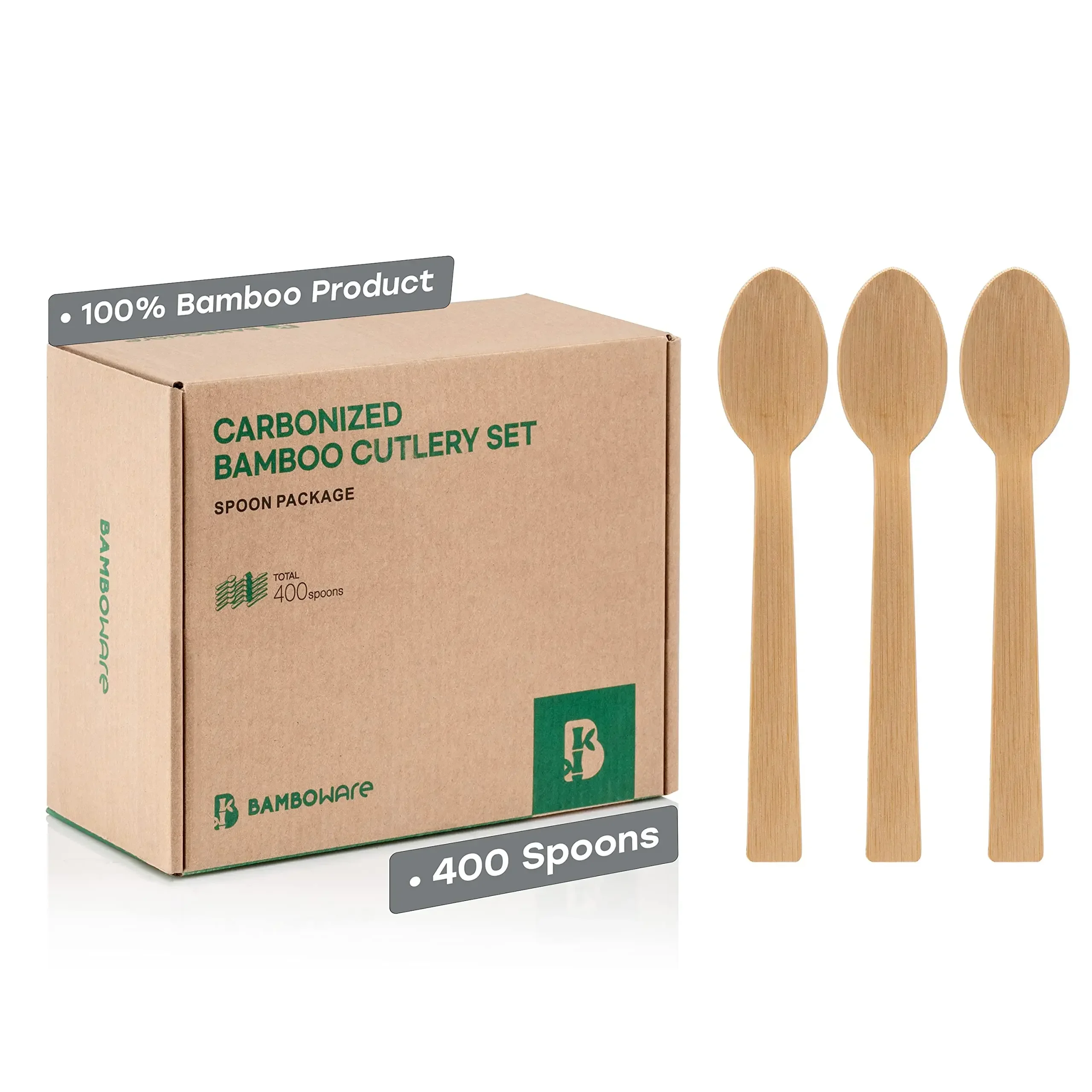 100% Bamboo Utensils - 400 Carbonized Forks Disposable Cutlery Biodegradable and Sanitized - Heavy Duty & Fully Functional