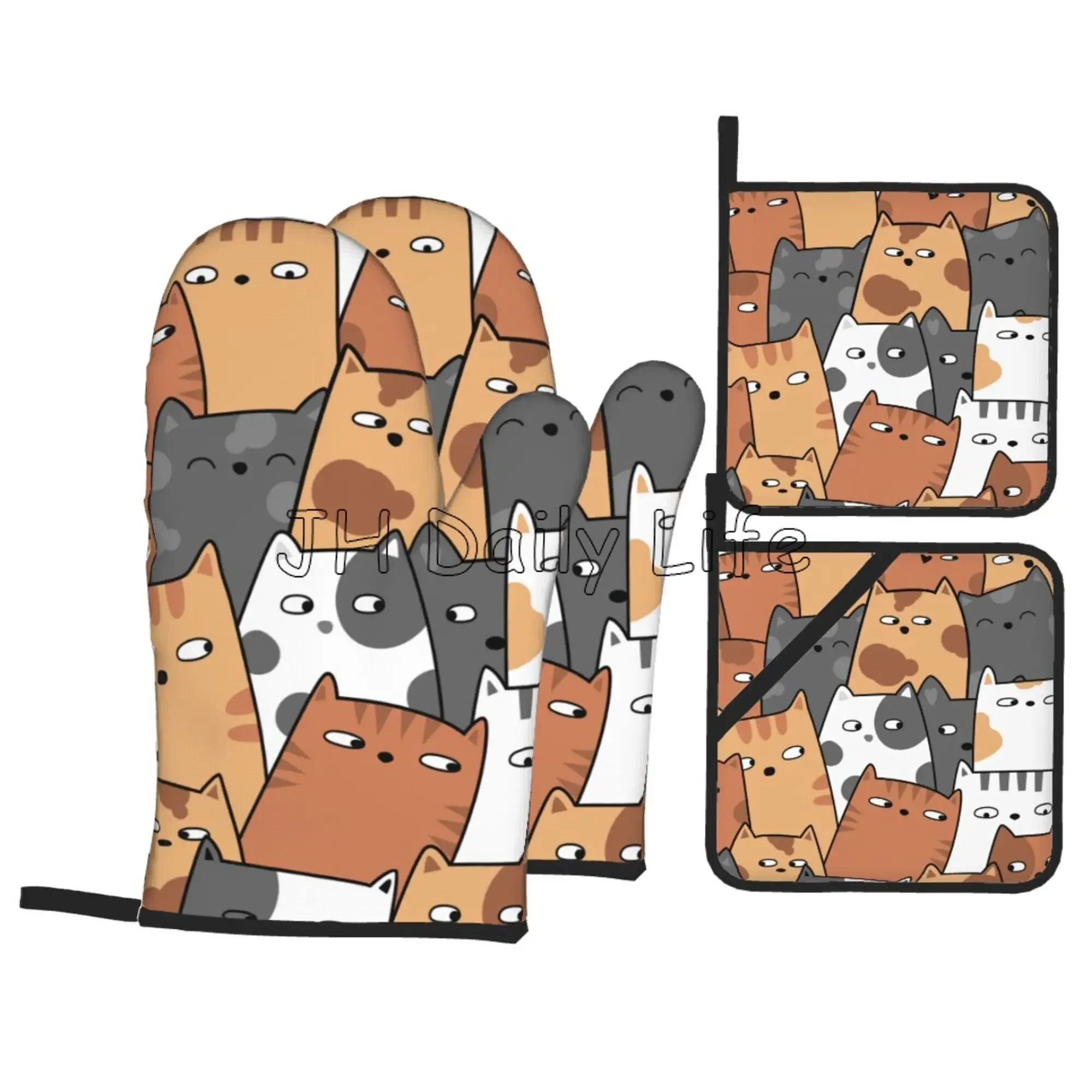 

Cute Cartoon Cats Oven Mitts Pot Holders Set of 4pcs Kitchen Gloves Heat Resistant Baking Accessories Insulation Pad Cook Tools