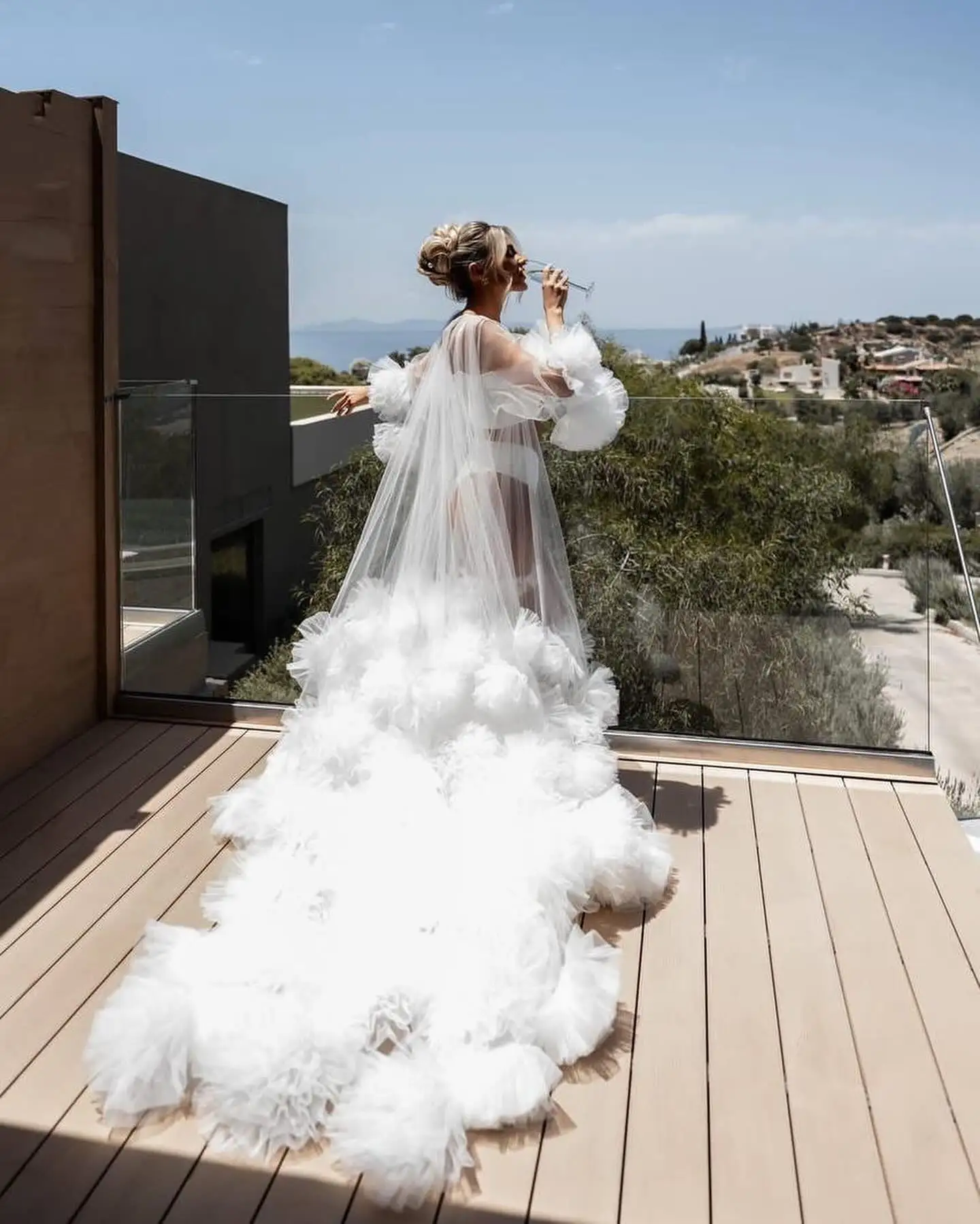 Abito da donna con fiori a sfera di lusso, abito da festa, accappatoio da sposa, abito da servizio fotografico, abito da fotografia di maternità in tulle trasparente