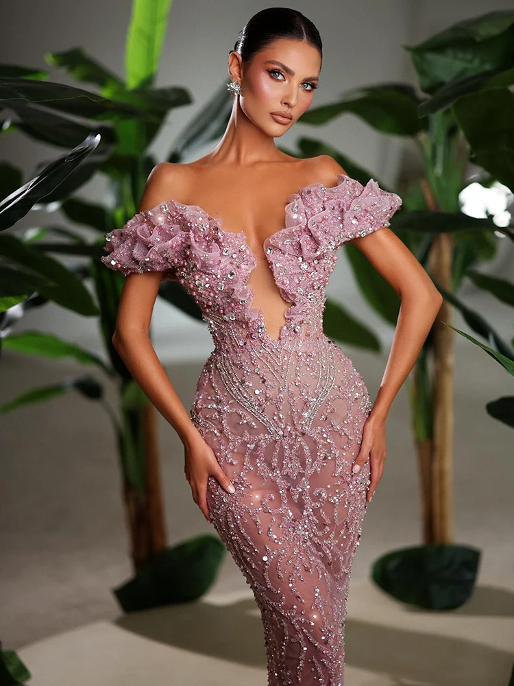 Off the Shoulder Deep V Plunge  Sparkly Mermaid Evening Dresses Sleeveless Sequins Zipper Beaded 3D Lace Appliques Prom Dress