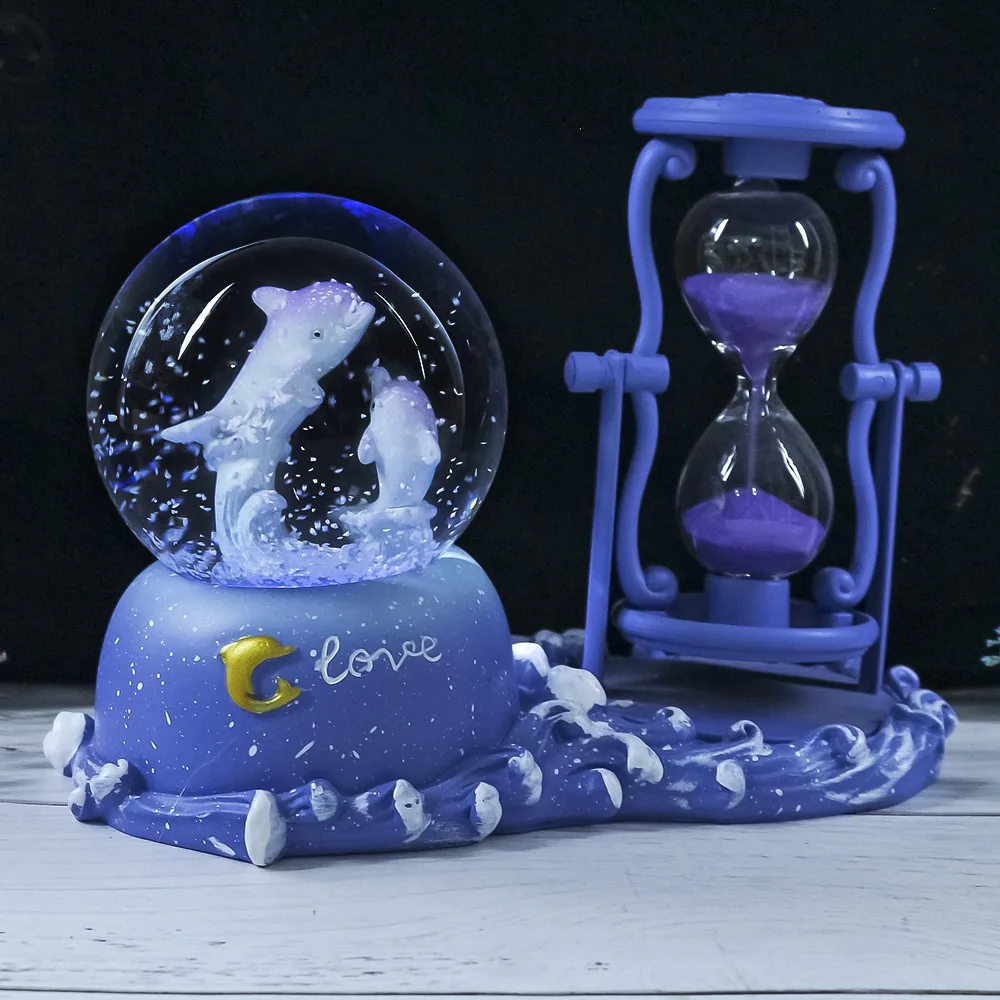 Dolphin Hourglass Timer Crystal Ball Music Box Glowing Home Desk Decoration Ball Unique Birthday