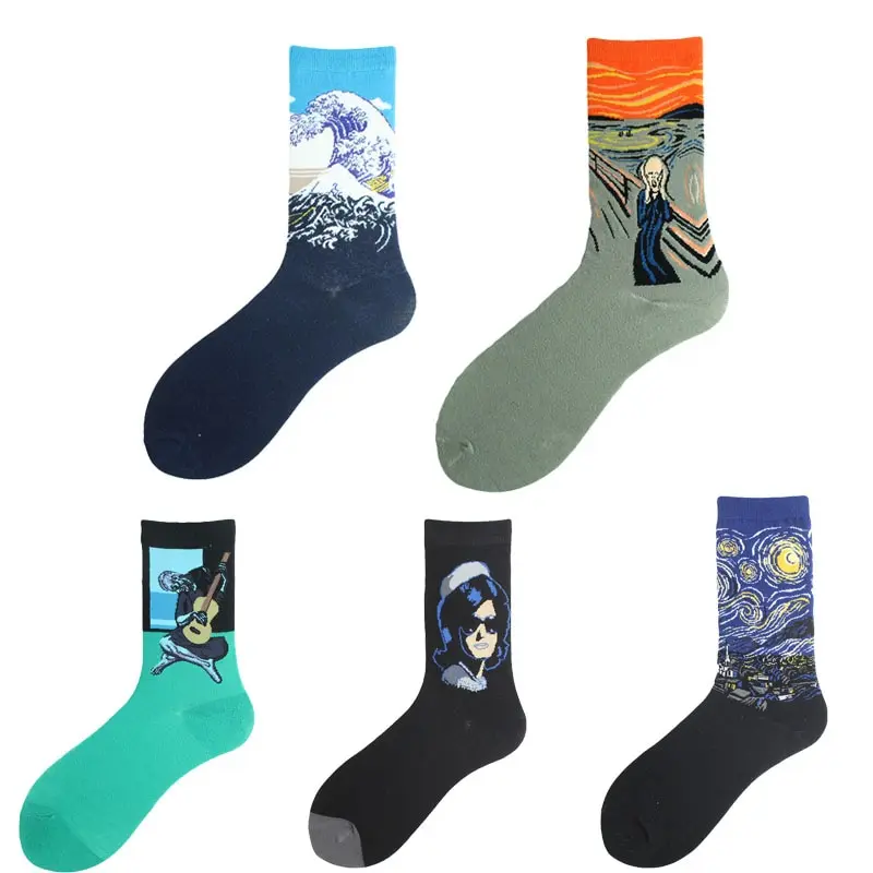 Mens Fashion Art Designed Painting Series Male Funny Socks Casual Autumn Winter Home Floor Breathable Socks