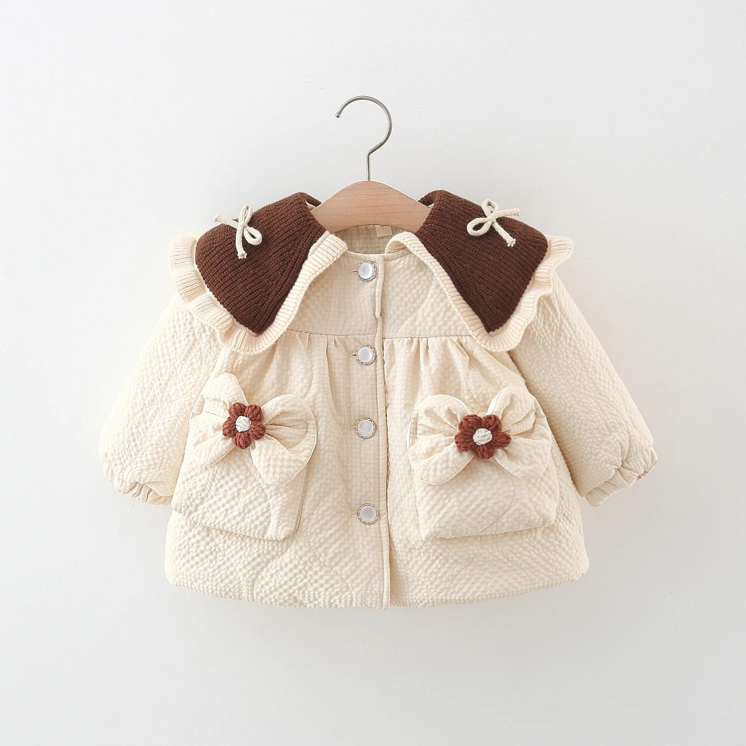 Winter New Brown Collar Baby Girl Coat, Sweet Bow Pocket Children\'S Long Sleeved Clothes For 9 Months To 3 Years Old