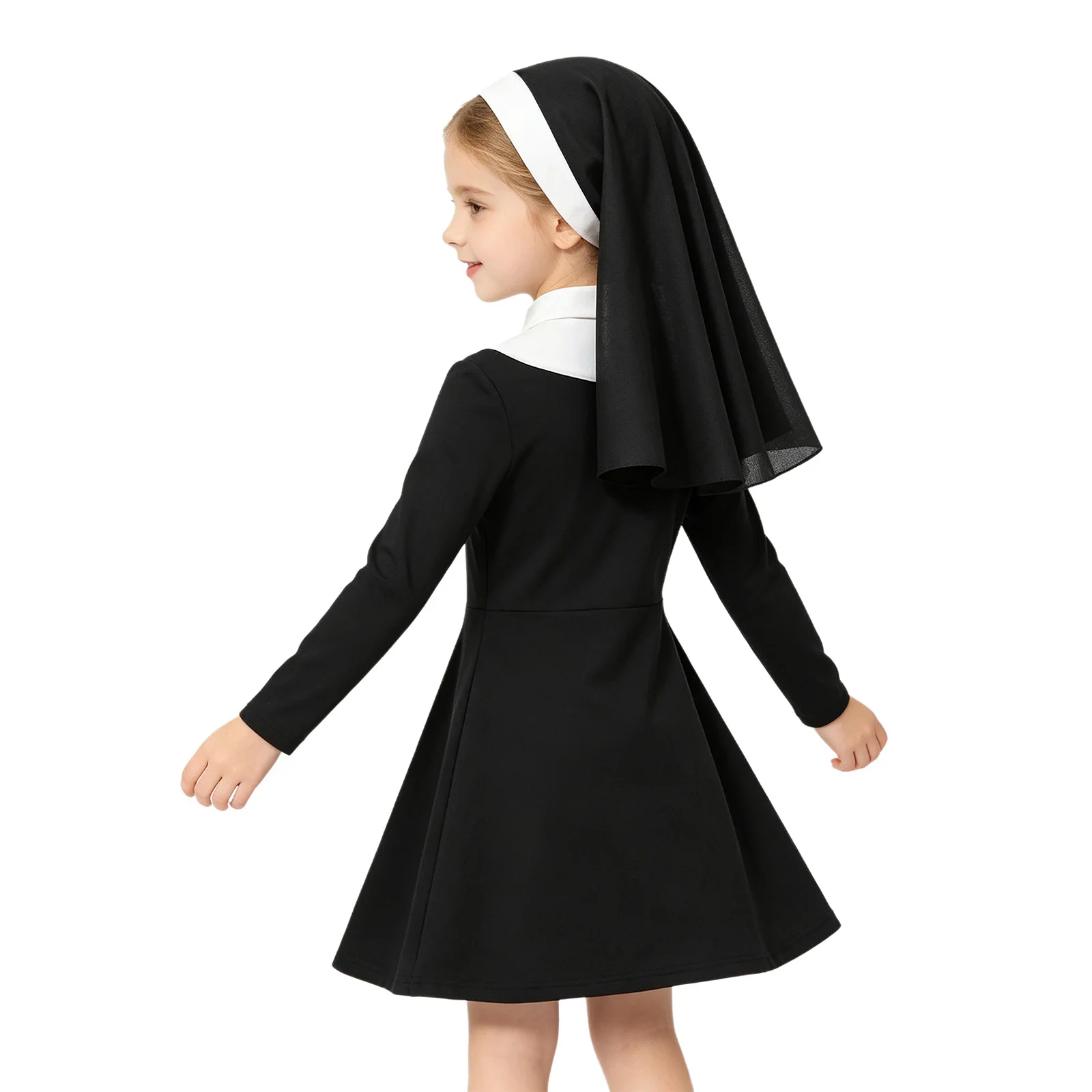 Girls Nun Religious Catholic Priest Sister Costume Traditional Nun Stretchy Outfit Dress Nun Hat Halloween Cosplay Costume view 2