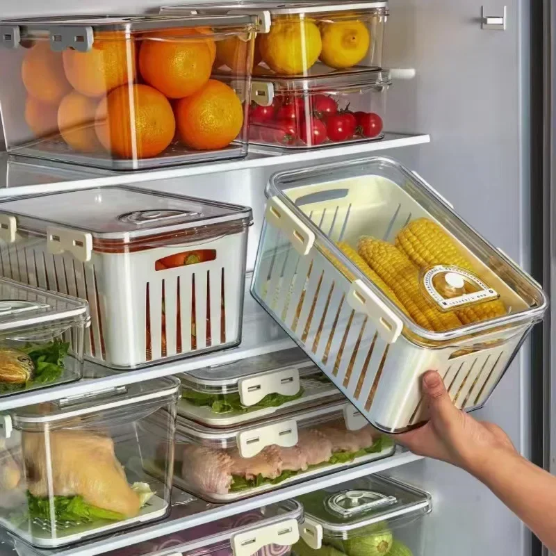 

Refrigerator PET Storage Box Kitchen Fruit and Vegetable Finishing Food Grade High Transparent with Drainage Basket Crisper Box