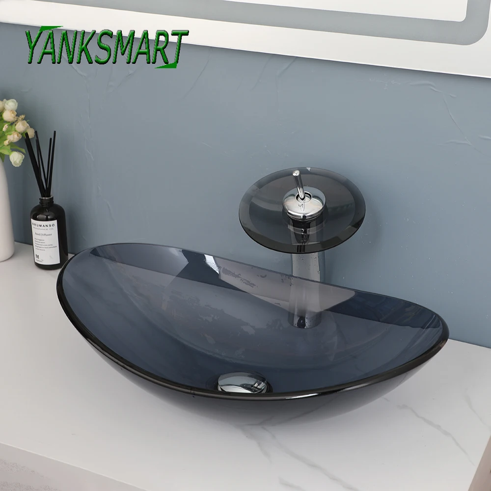 YANKSMART Tempered Glass Bathroom Basin Sink Faucet Countertop Washbasin Chrome Polished Faucet Set With Pop-up Drain Mixer Tap