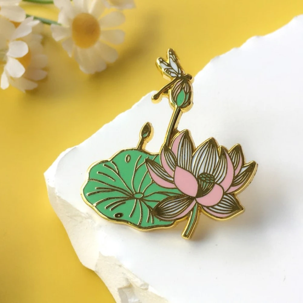 Dragonfly and Lotus Hard Enamel Pin Beautiful Flower Badge Floral Brooch for Jewelry Accessory Gifts for Women Girls Wholesale