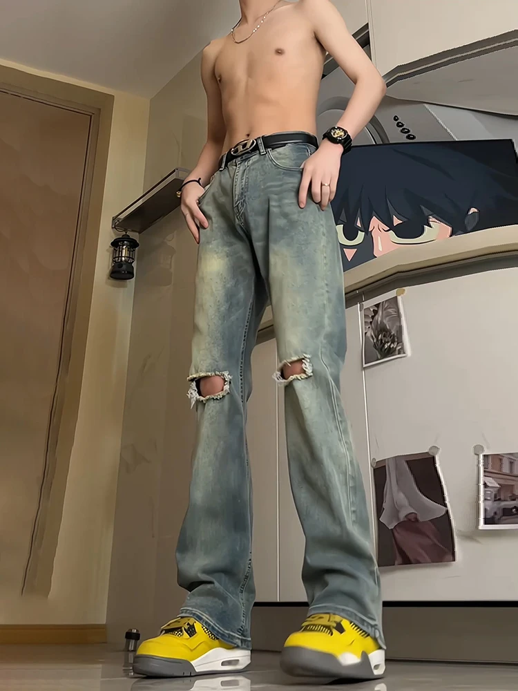 Blue Knee-Hole Jeans Men's Summer Slim Tall Micro Flare Pants American Retro Knife  Jeans High Waist Long Leg Cotton Denim