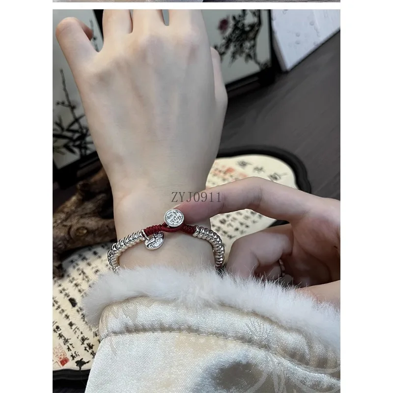 الصلبة جيان قفل أمان الفضة الاسترليني ملفوف سوار جديد عيد ميلاد الصينية حسن الحظ حبل أحمر سوار