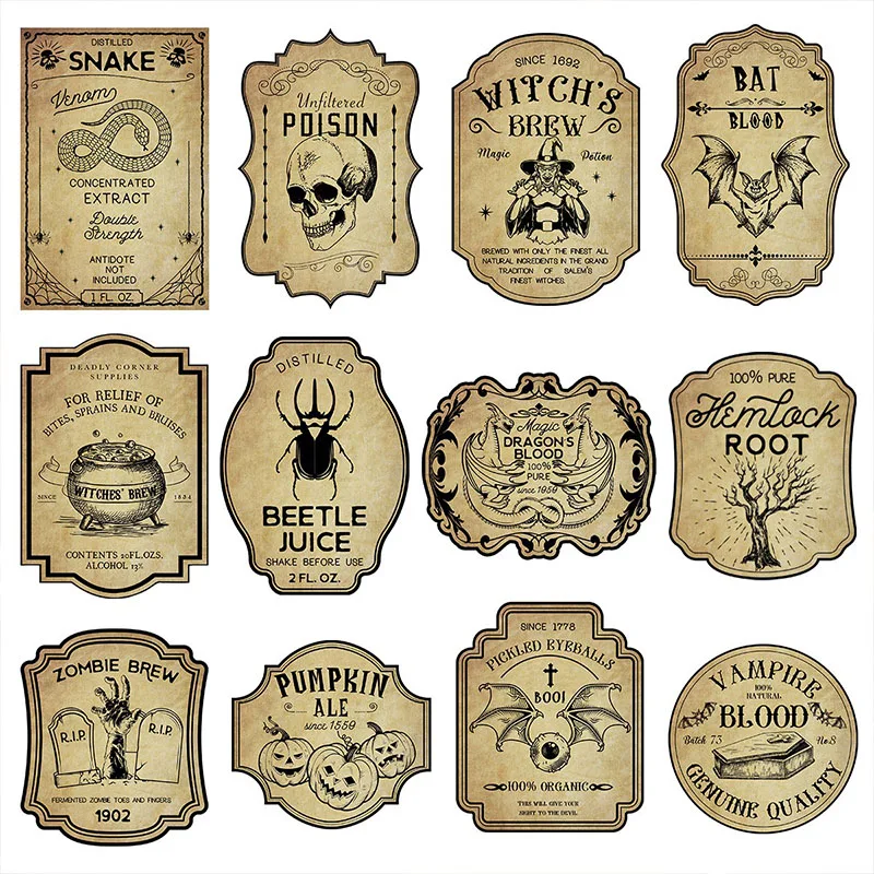 12PCS Halloween Apothecary Potion Labels Wine Bottle Labels Sticker Vintage Witch Graffiti Halloween Party Decoration PDZS005