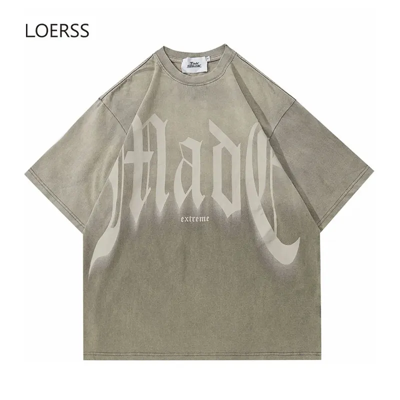 LOERSS T-Shirt Letter Print Graphic Short Sleeve Tie Dye Gradient Oversized Tops Men and Women Couple Cotton Tee Streetwear