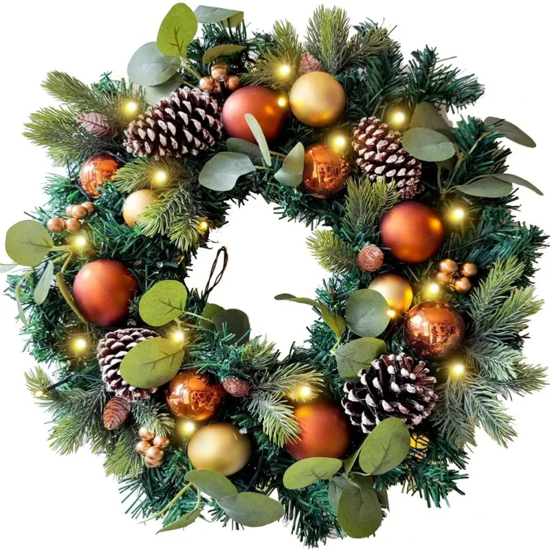 

Pre-Lit 20 Inch Christmas Wreath Front Door Decoration with Gold Ball Ornaments Battery Operated LED Lights