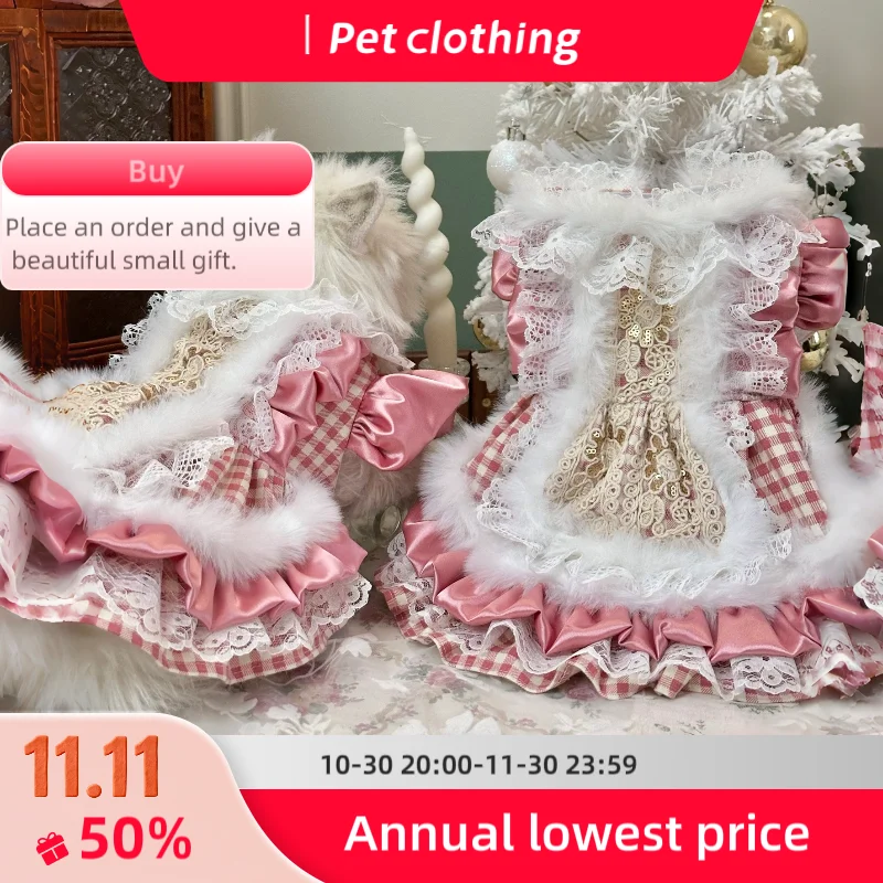 

Pet clothes Christmas pet gown sweet pink with lace trim autumn winter photo holiday Costume for dog warm fluffy cake dress