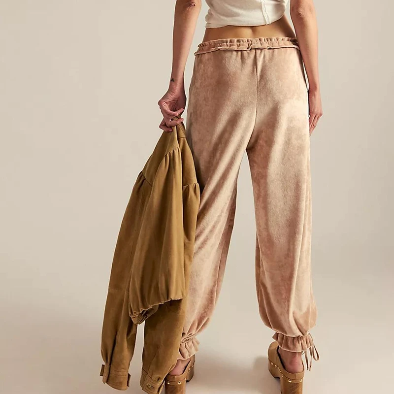 سروال نسائي طويل برباط مرن من Combhasaki بخصر منخفض مع جيوب Y2k سروال مخملي عتيق #4