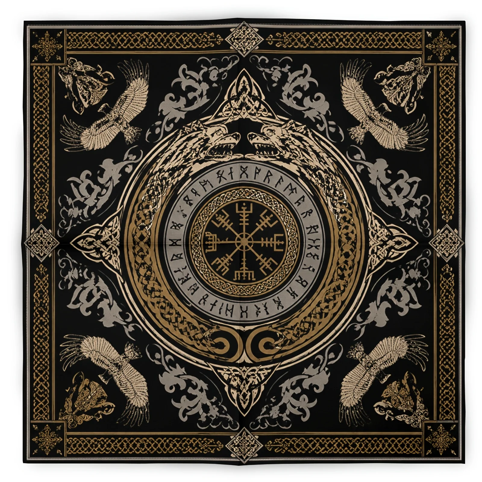 Mystic Norse Runes Tablecloth Black Gold Viking Decor Bohemian Tapestry Cloth for Home Accent