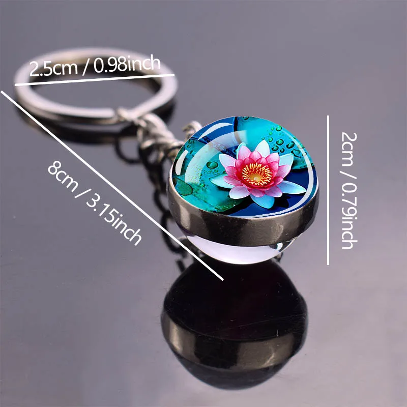 Lotus Flowers Keychains Flower Double Side Glass Ball Pendant Key Chain Beautiful Water Lily Keyring Fashion Jewelry Accessories