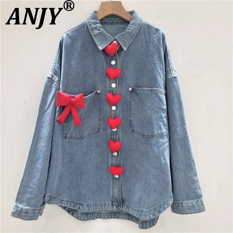 

ANJY Autumn New Women Tide Y2K Shirt Heart Decoration Contrast Color Long Sleeve Washed Denim Coat High Street Casual Tops A9366