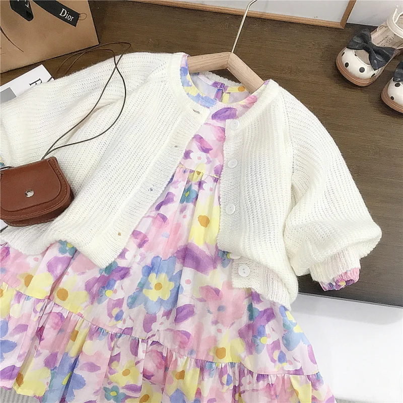 

Girls' Clothing Floral Dress Patchwork Shirt Dress Spring and Autumn New Loose Sweater Jacket for Children