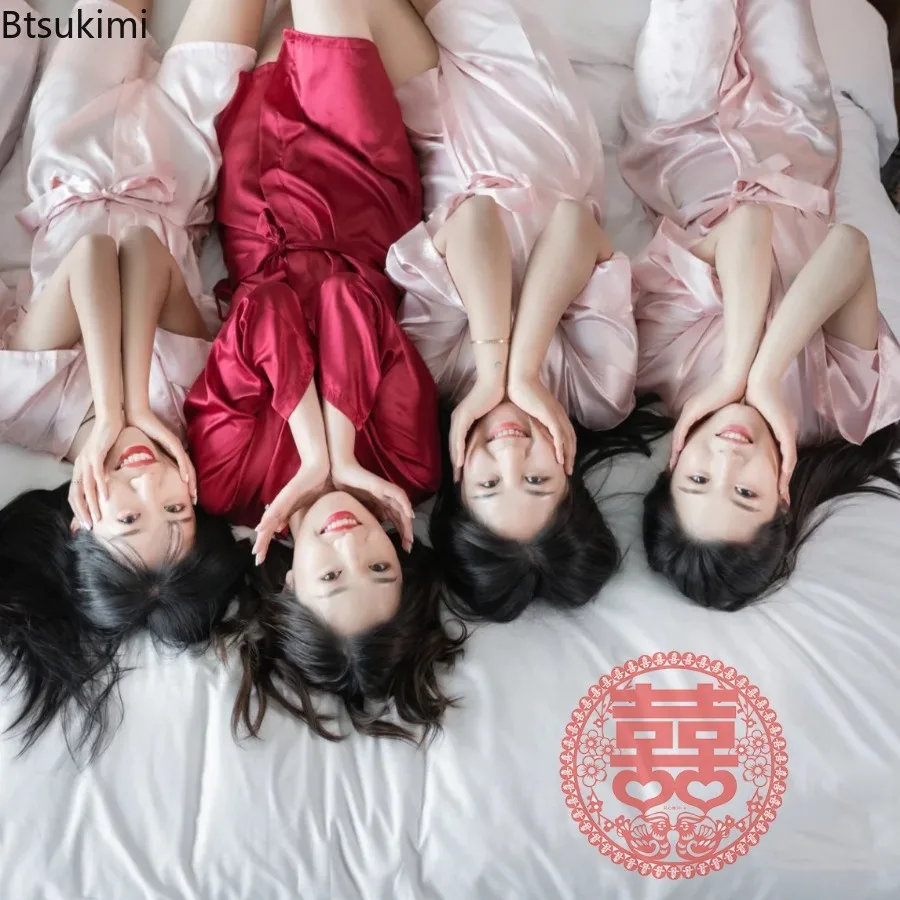 Bridal Bathrobe Simulation Silk Ladies Dress Solid Color Ladie Bathrobe Bridesmaid Group Ice Silk Wedding Lingerie Sexy Bathrobe