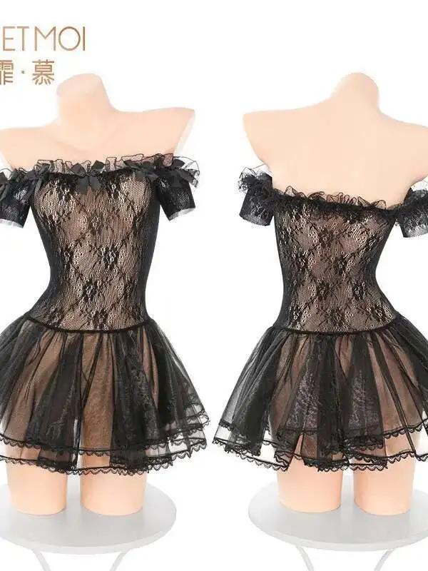 New Sexy 2025 Slash Neck Off Shoulder Lace Bow Mesh Sheer Short Sleeve Dress Women Cinching Waist Slim A-line Short Dress TVVV
