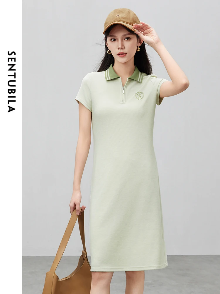 

SENTUBILA Summer Preppy Style T-shirt Dress Women 2024 Contrast Lapel Embroidery Short Sleeve Loose Straight Dresses 142L54436