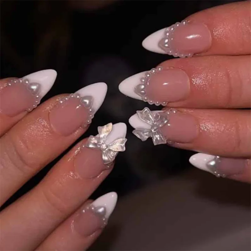 

24Pcs Long Almond Press on Nails - White Border with Bow, Pearl Beads and Heart Designs | Pure Elegance Style