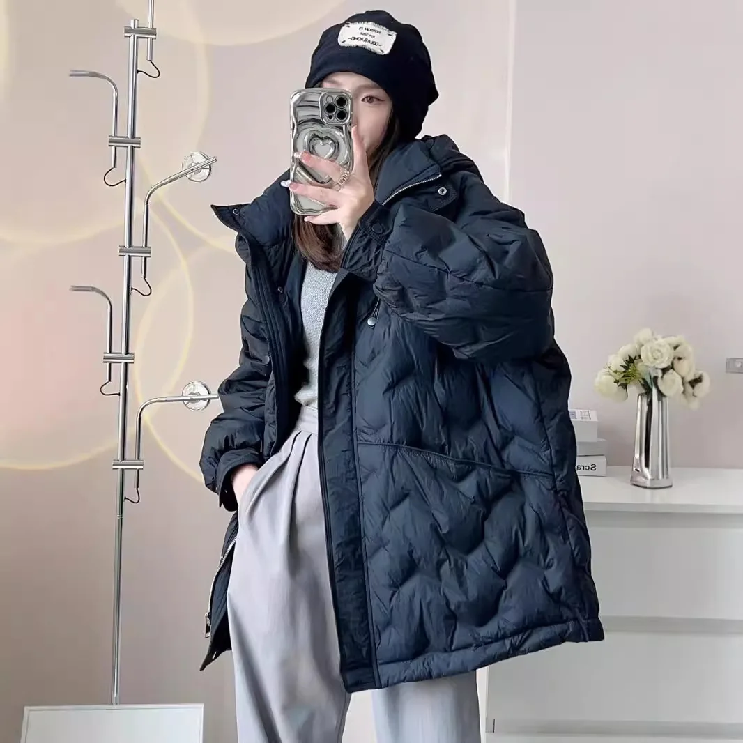 2024 novo inverno com capuz leve puffer jaqueta pato branco para baixo solto quente à prova de vento parka engrossado jaqueta de comprimento médio