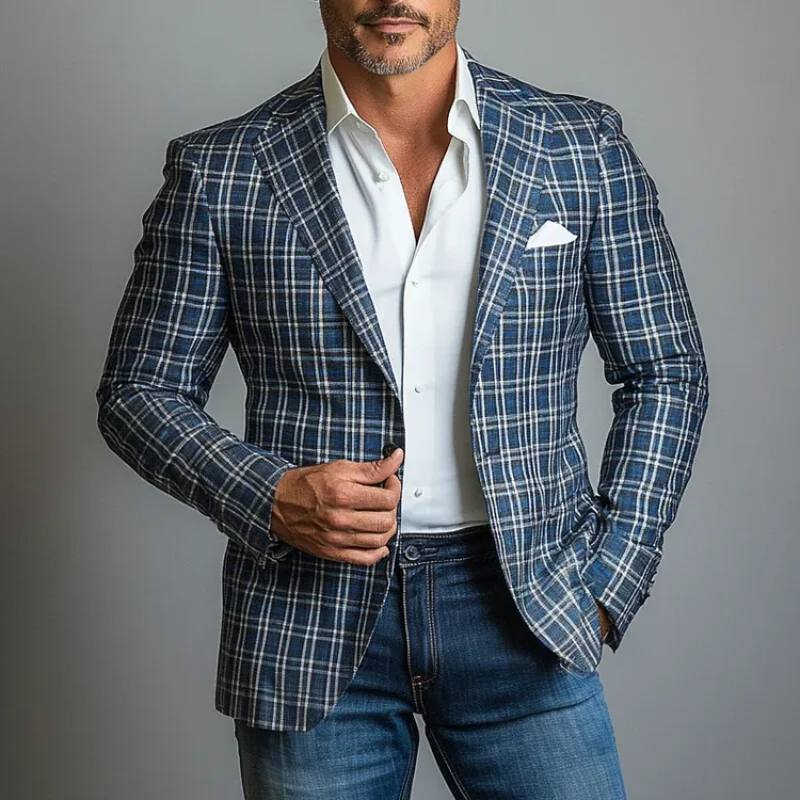 

Suits Men Blazers Coat Business Office Plaid Turn Down Collar Single Breasted Pockets Blazer Suit Jacket 2025 Autumn Outerwear