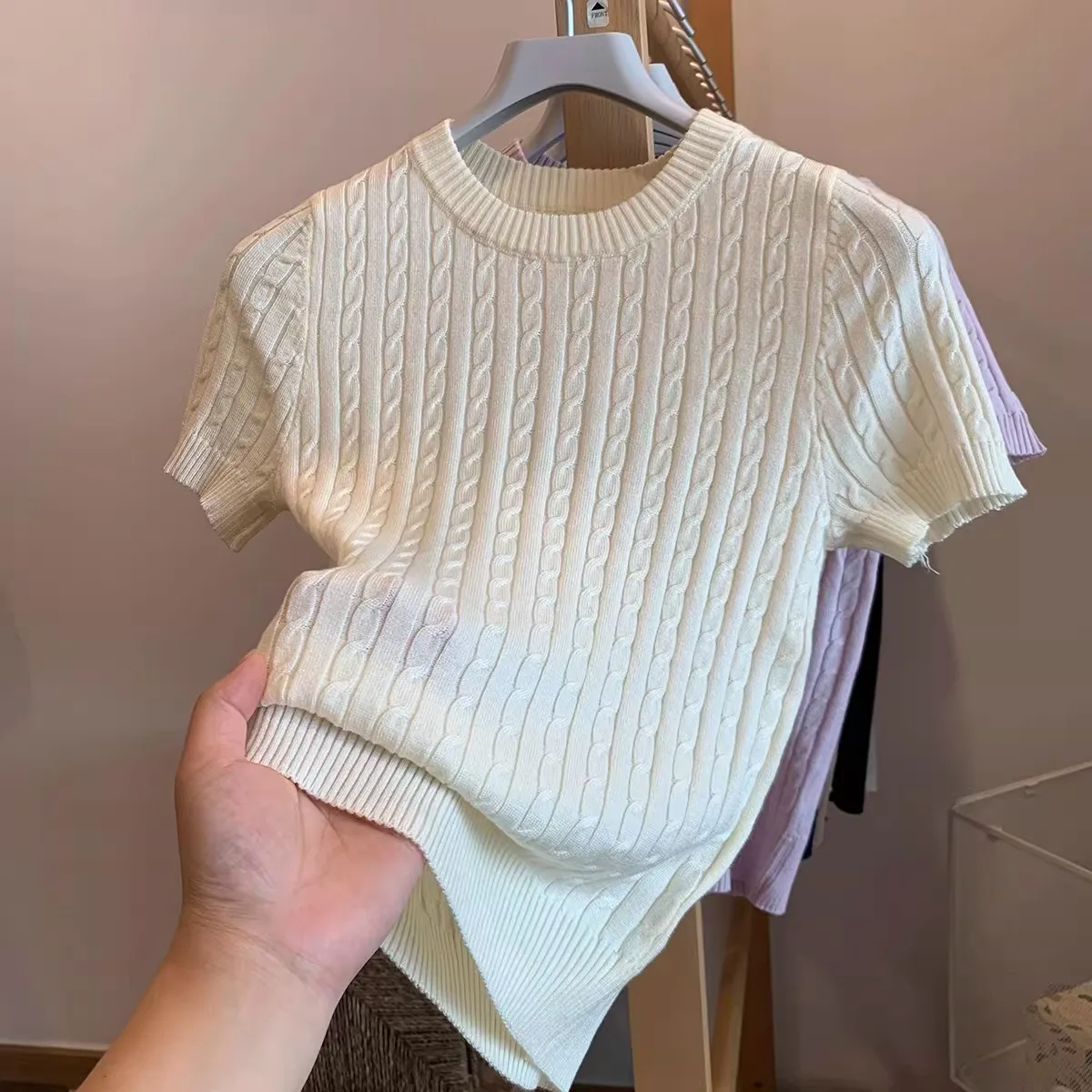 Korean Retro Elegant Texture Short Sleeve O-Neck Twist Knit Top 2026 Summer Women Soft Casual Versatile Thin T-shirt