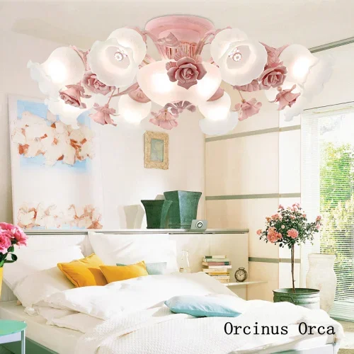 Mediterranean Garden Rose ceiling lamp  Bedroom Princess room lamp French luxury PINK glass ceiling lamp