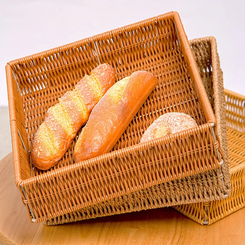 

Imitation Rattan Wicker Basket Rectangular Storage Box Fruit Tea Snack Bread Basket Serving Tray for Picnic Cosmetic Storage