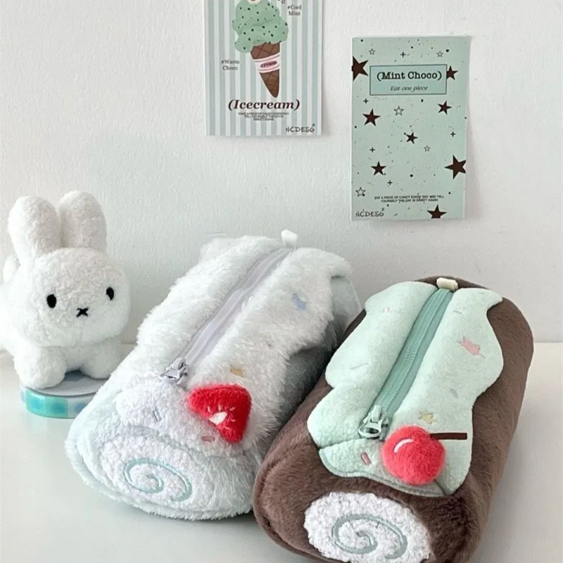 

New Swiss roll stationery bag, plush small fresh literary large-capacity pencil storage bag