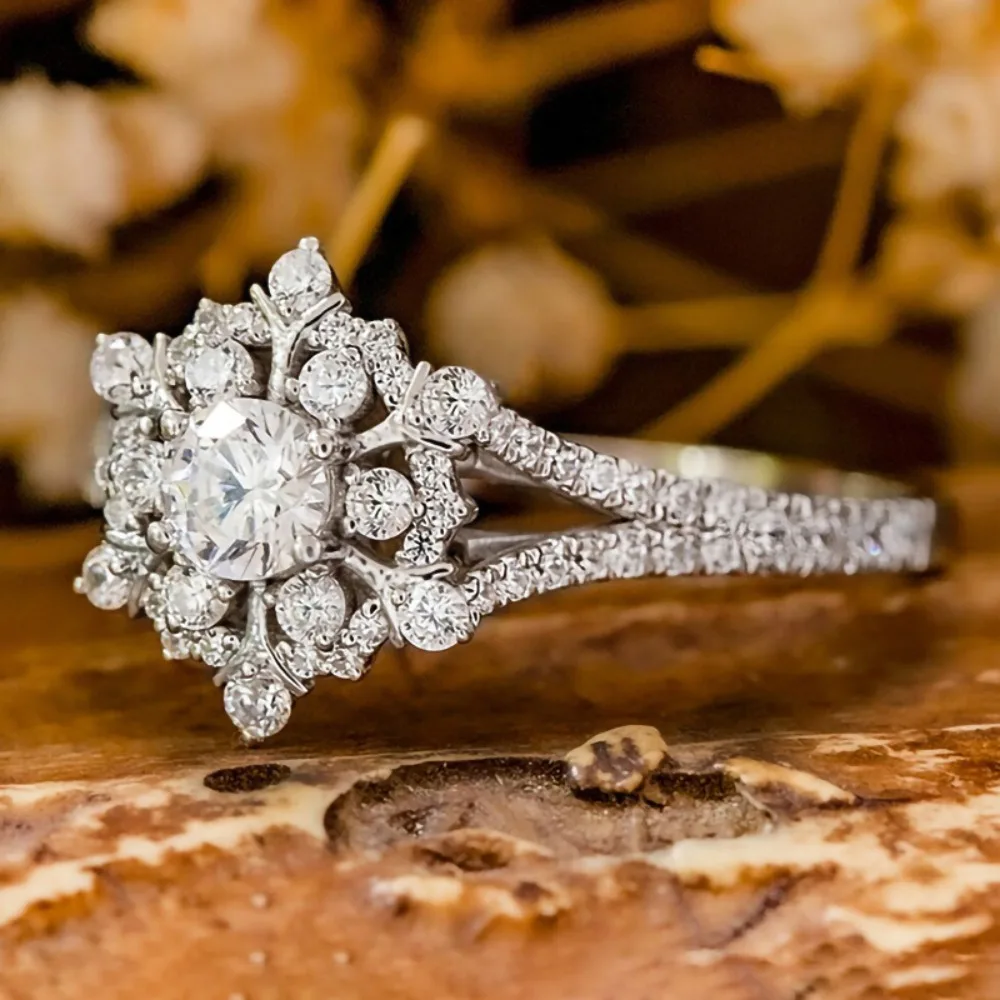 Antler Snowflake Round CZ Engagement Ring Split Shank Full Paved 5A Zircon Silver Tone Wedding Ring for Women Bride Jewelry Gift