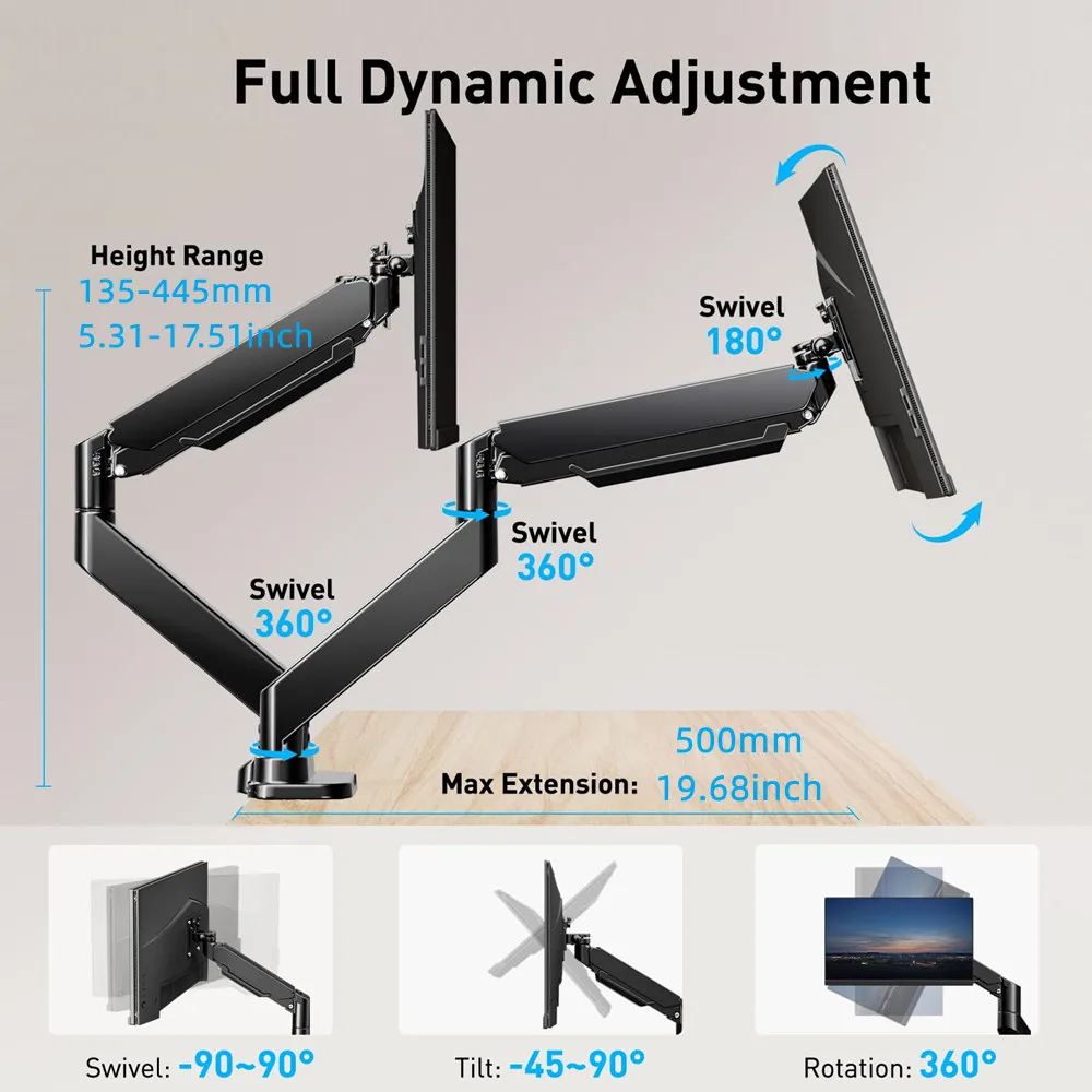 Imagem -02 - Suporte para Monitor de Movimento Total para Telas 1332 Montagem Dupla Mola a Gás Braçadeira Base do Grommet Vesa 75x75 100x100 mm