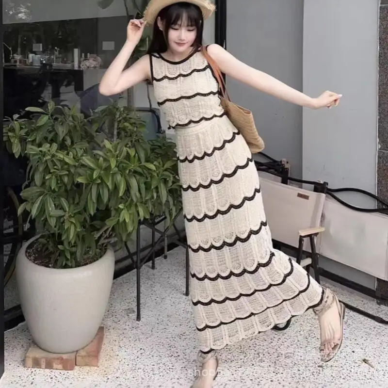 2026Summer New Women Bohemian Vacation Style Color Blocked Wave Hook Flower Korean Edition Super Fairy Fresh Skirt Two Piece Set