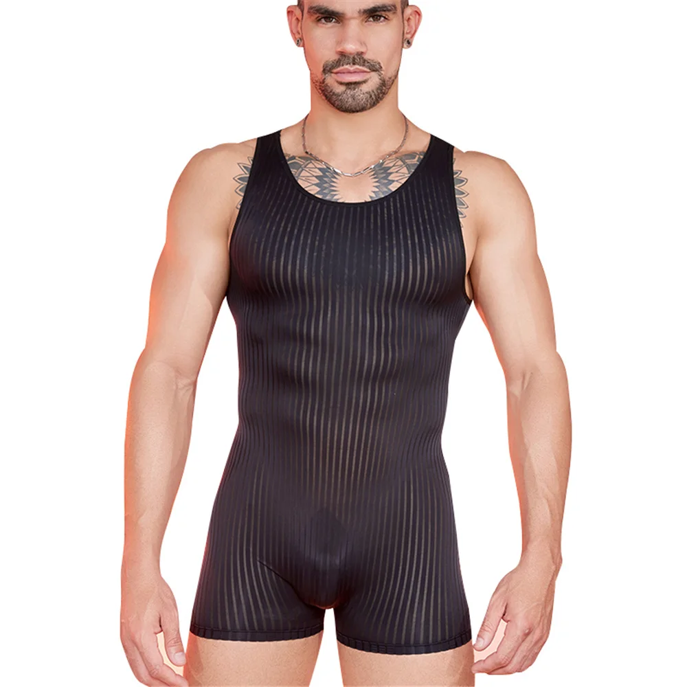 Sexy Men Stripe Oil Glossy Shiny Bodysuit Sheer See Through Yoga Tights Elastic Shaping Leotard Jumpsuit Shaper Tank Top