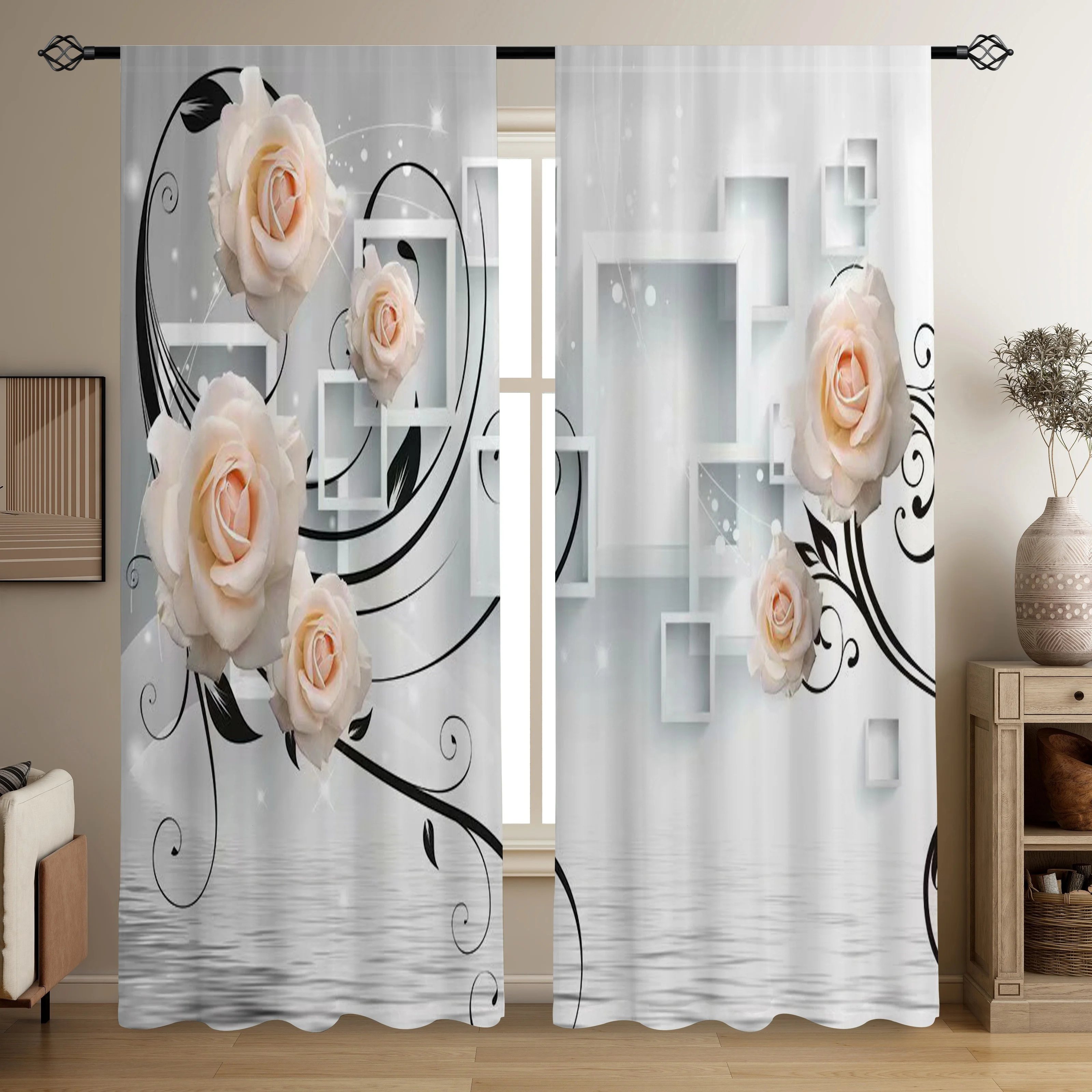Rose Curtains Champagne Flowers Black Vine Square Box Print Blackout Drapes for Living Room Bedroom Window Treatment Home Decor
