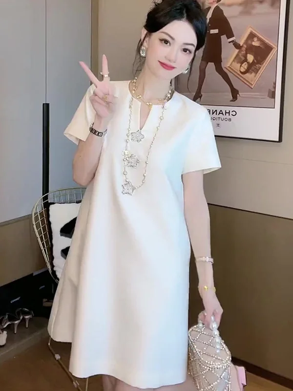 

Ele White V-Ne Star Print ort Sve Midi Dr Summer Gentle Wind Skirt Korean Sle Loose Fit Resin Color Fastening