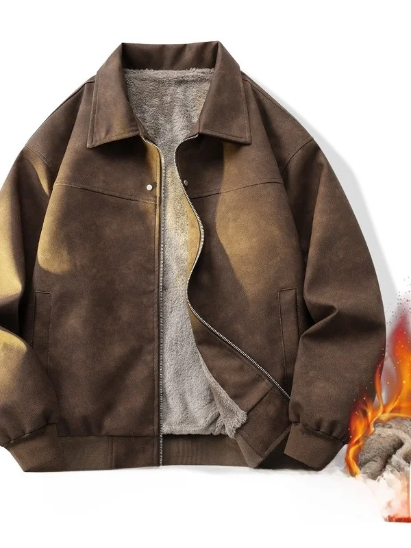 

American Retro Brown Flip Collar Suede Jaet Men's Thiened Fce Lined Outerwear Youthful Sle Long Sve Zipper Coat