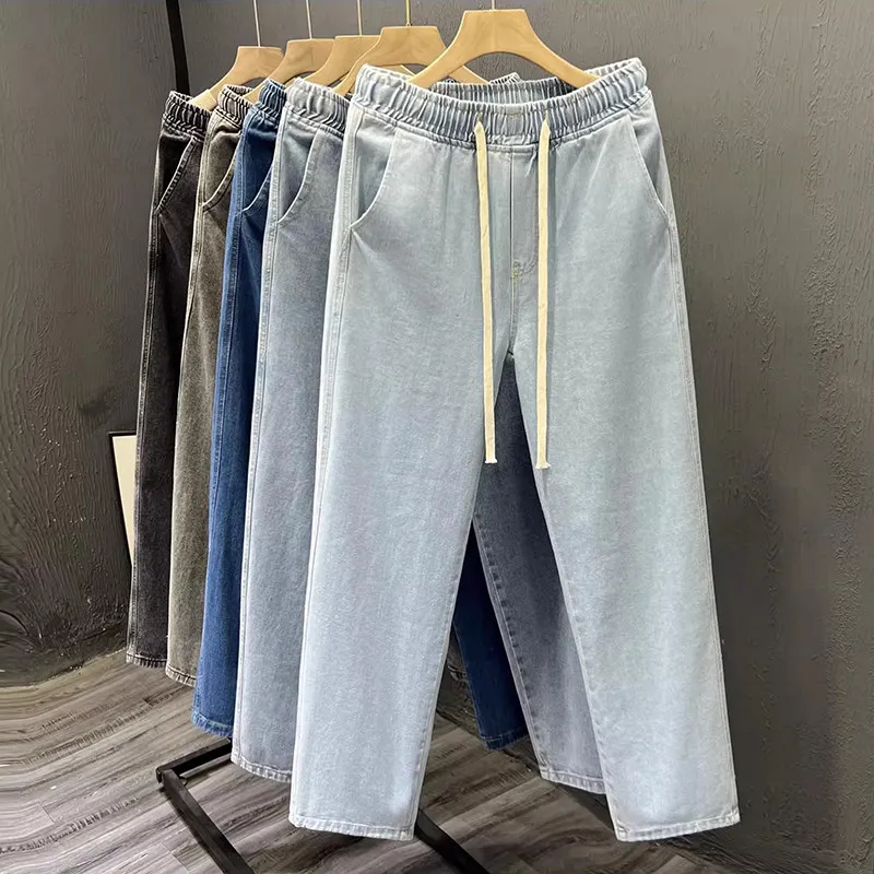 American Style Elastic Waist Jeans Men's Spring Loose Straight Leg Nine Point Wide Leg Pants Casual High Street Vintage Long ...