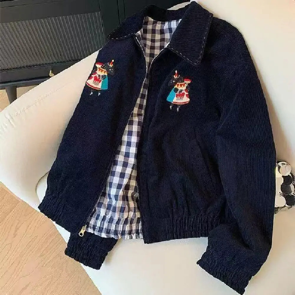 Women Spliced Plaid Long Sleeve Jacket 2026 Autumn New Vintage Embroidered Corduroy Lapel Collar Casual Versatile Cropped Coat