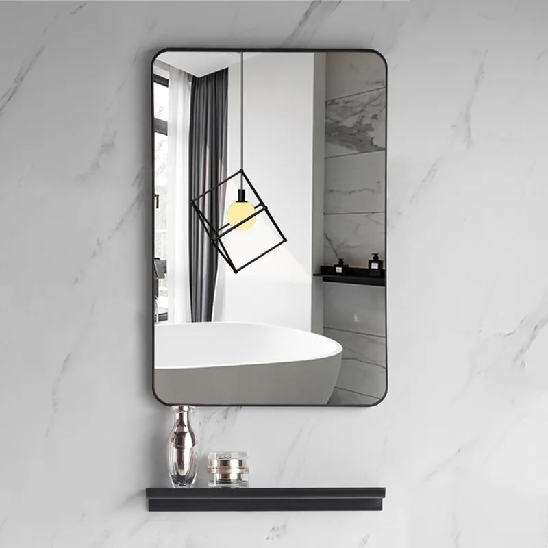 Nordic simple bathroom No punching wall-mounted bathroom Square mirror with rack Makeup washstand mirror