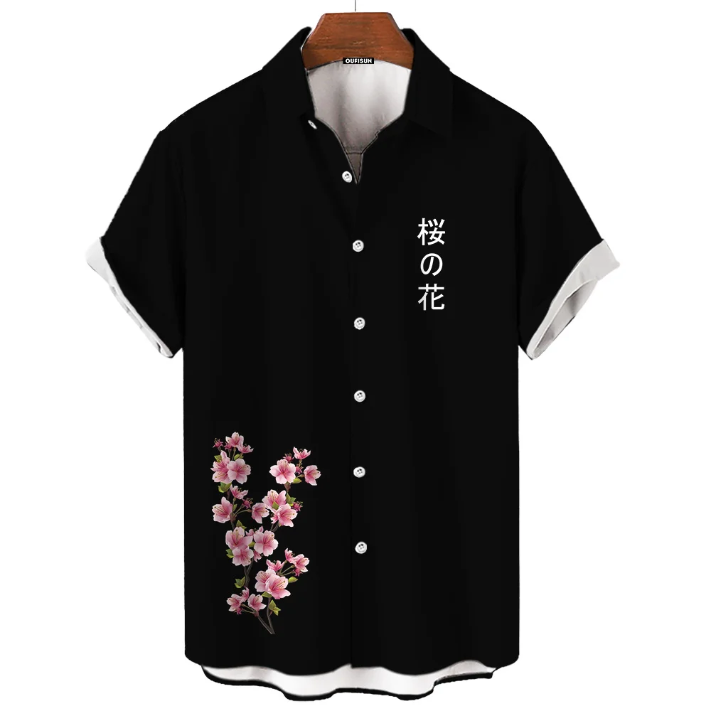 

Fashionable Luxury Social men's Shirt Lapel button-down Shirt Casual Japanese Aesthetic Cherry Blossom Print short-sleeved Tops