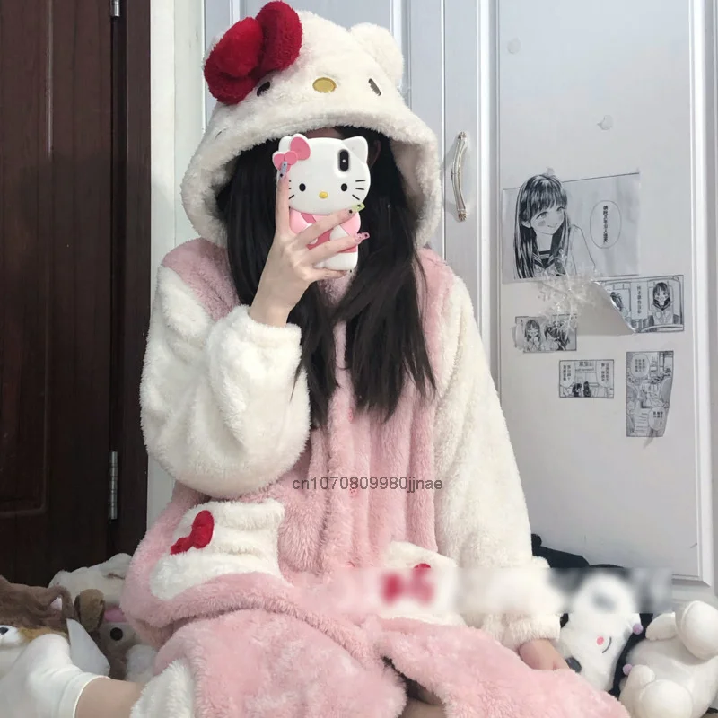 Sanrio Hello Kitty Plush Pajamas Y2k Girl Winter Cute Clothes Nightgown Thicked Soft Robe Women Coral Skirt Warm Home Coat