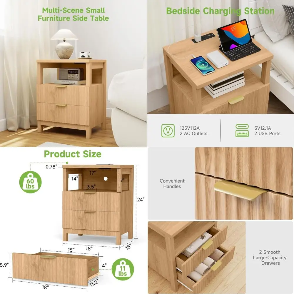 

Charging Station Nightstand with 2 Drawers - Oak Wood, Bedroom & Study, Compact Side Table for Small Homes