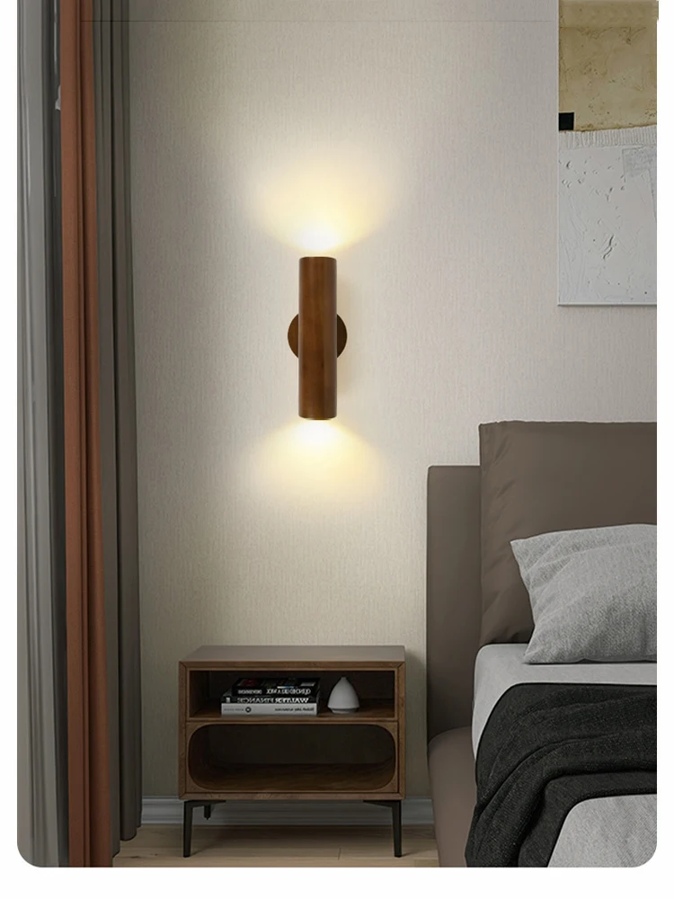 Nordic Log Wood Led Light Bedside Lamp Bedroom Study Wall Lamp Modern Background Wall Bathroom Stair Corridor Led Light